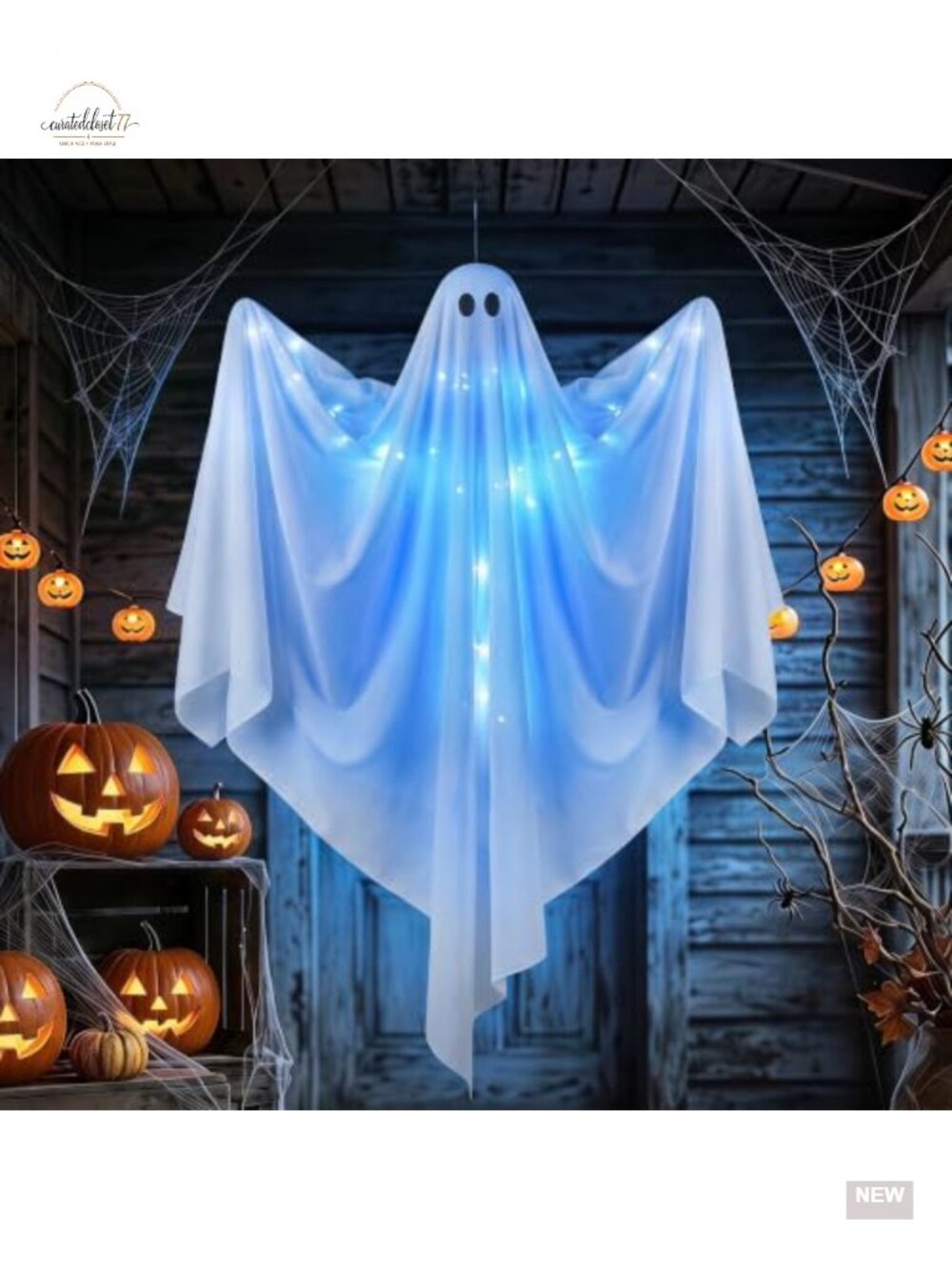 Hanging Ghost Halloween Decor with LED Lights, 47in Fabric Yard Prop, Timer